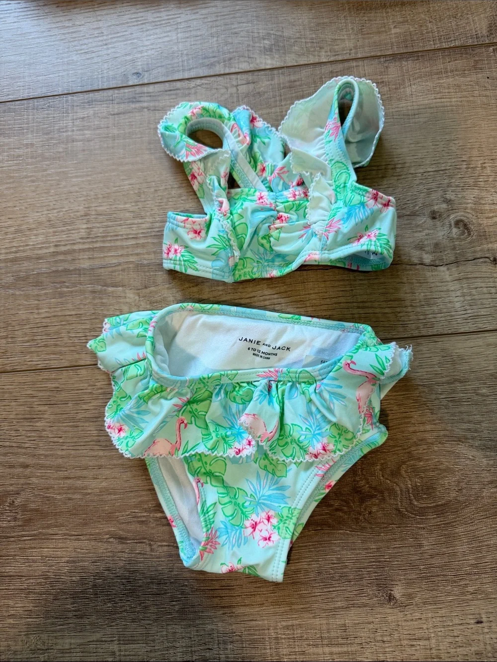 Janie and Jack Mint Floral Flamingo Ruffle Two-Piece Swim Set size 6-12 months